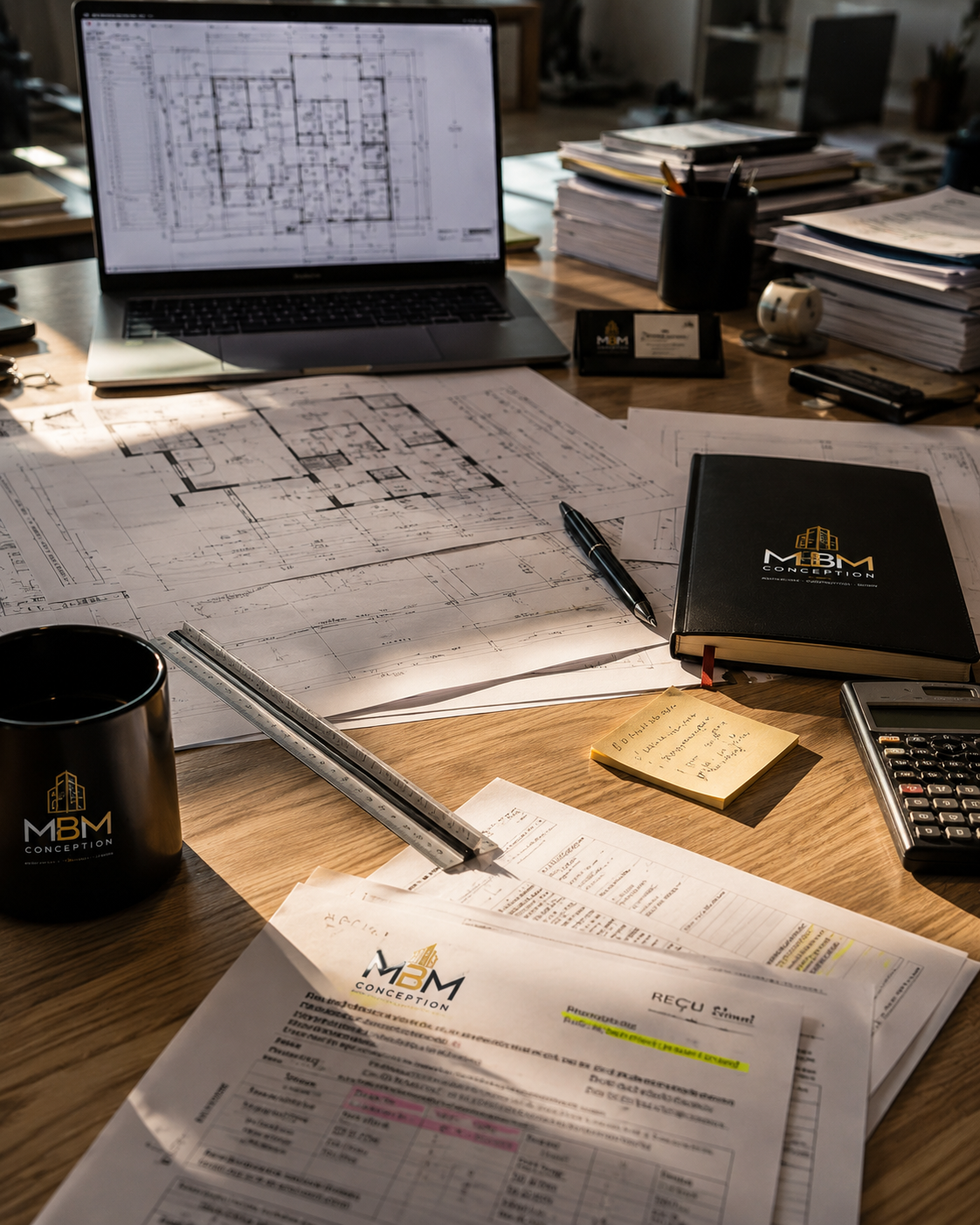 Au bureau — plans, chiffrage et conception