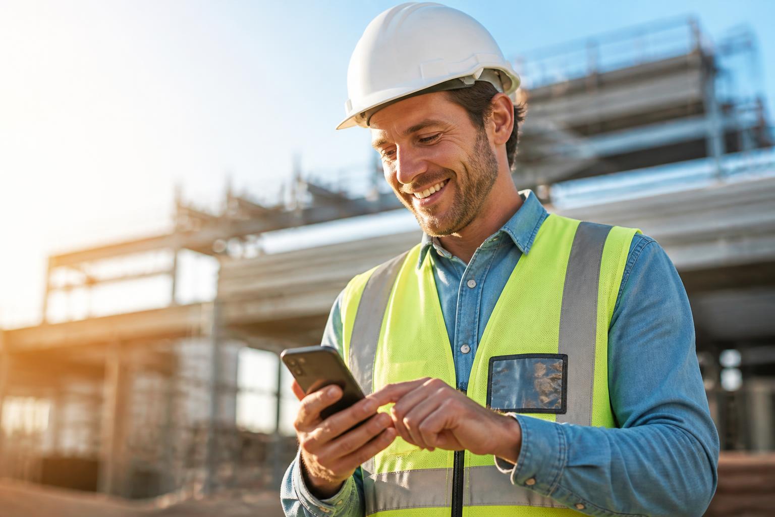 Ouvrier MBM Conception souriant en consultant son téléphone sur un chantier ensoleillé